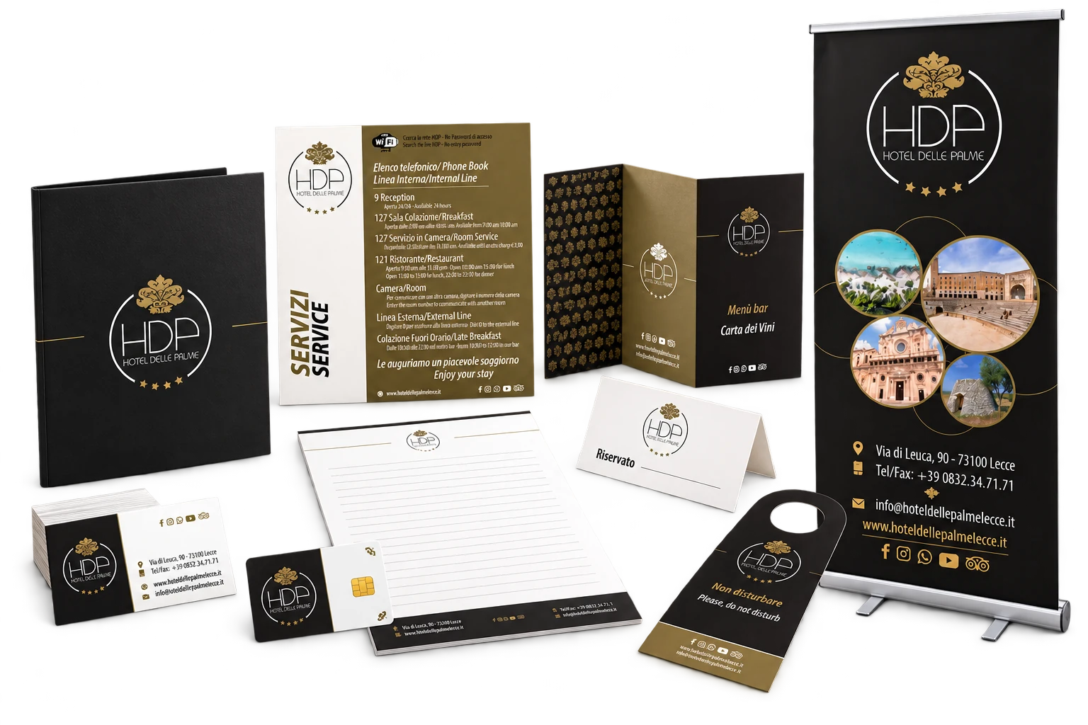 Mockup della brand identity Hotel delle Palme: biglietto da visita, card, block notes, cartellina, cavaliere, listino, menu, cartellino porta e roll-up