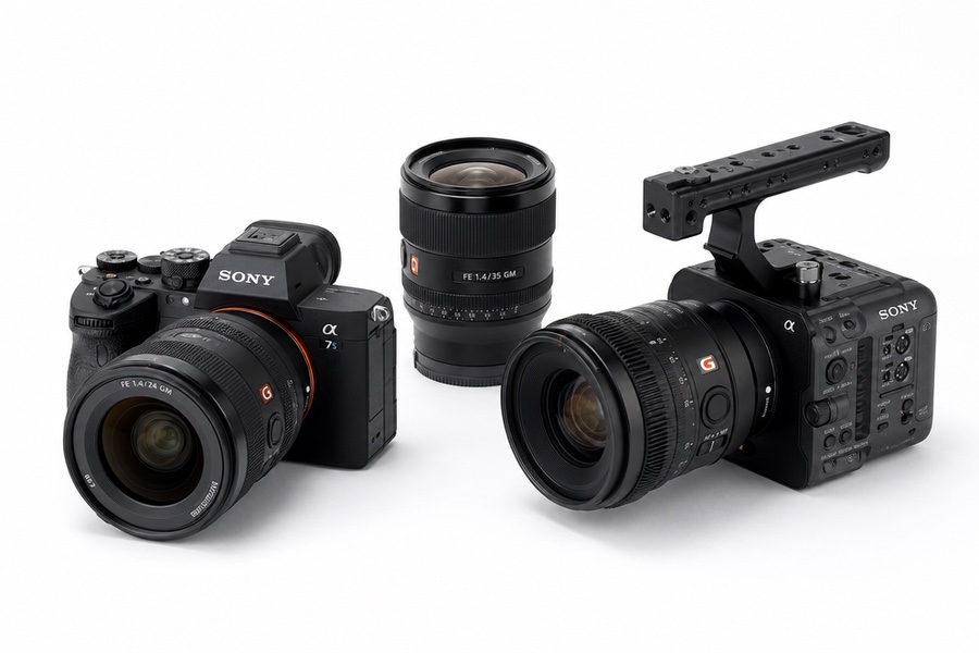 Illustrazione di fotocamere e videocamere Sony su fondo bianco per servizi foto e video