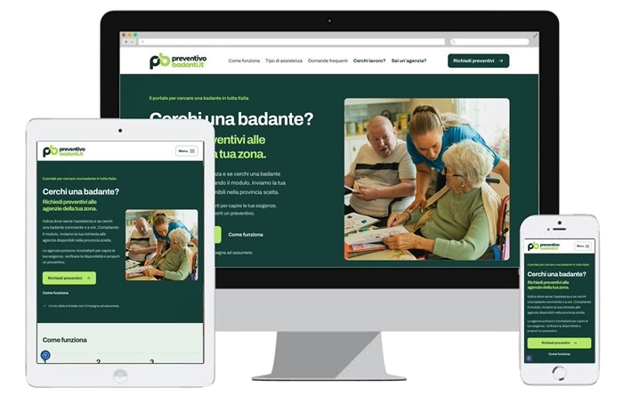 Il sito Preventivo Badanti nelle versioni desktop, tablet e mobile, su sfondo trasparente